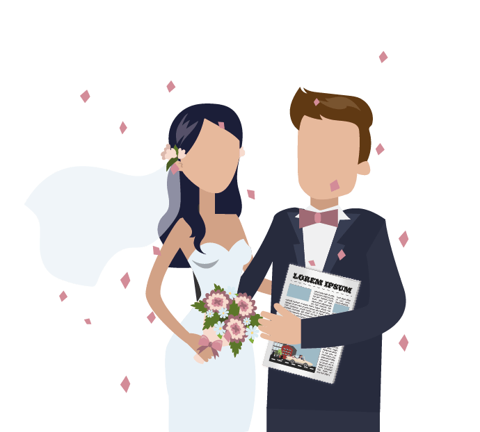 Zufriedenes Brautpaar mit Hochzeitszeitung