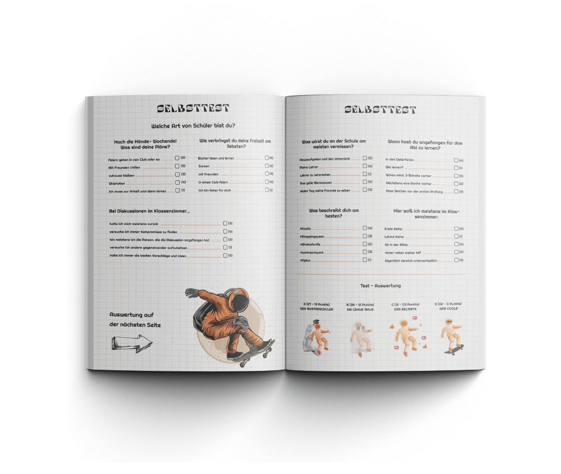 Abibuch für Abinauten mit Vorlage für Selbsttest gestalten