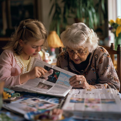 Stolze Oma und Enkelkind betrachten gemeinsam die gedruckte Abschlusszeitung der Grundschule