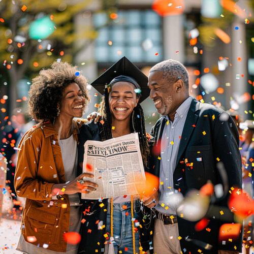 Glückliche Eltern mit Absolventin und selbst gemachter Abschlusszeitung Klasse 10
