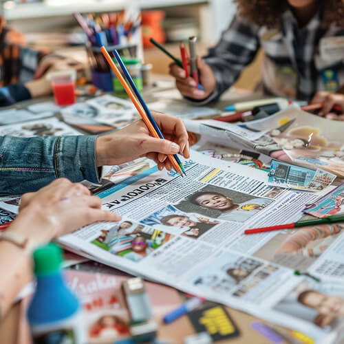 Schüler gestalten gemeinsam in Arbeitsgruppe gemeinsam eine Abschlusszeitung für Klasse 10