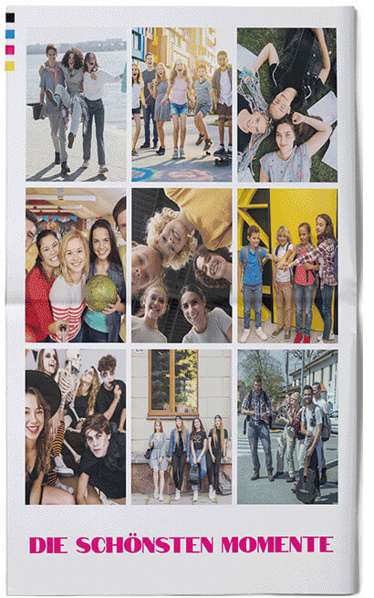 Druckfertige Vorlage für Fotos und Erinnerungen in einer Abschlusszeitung für die 10. Klasse