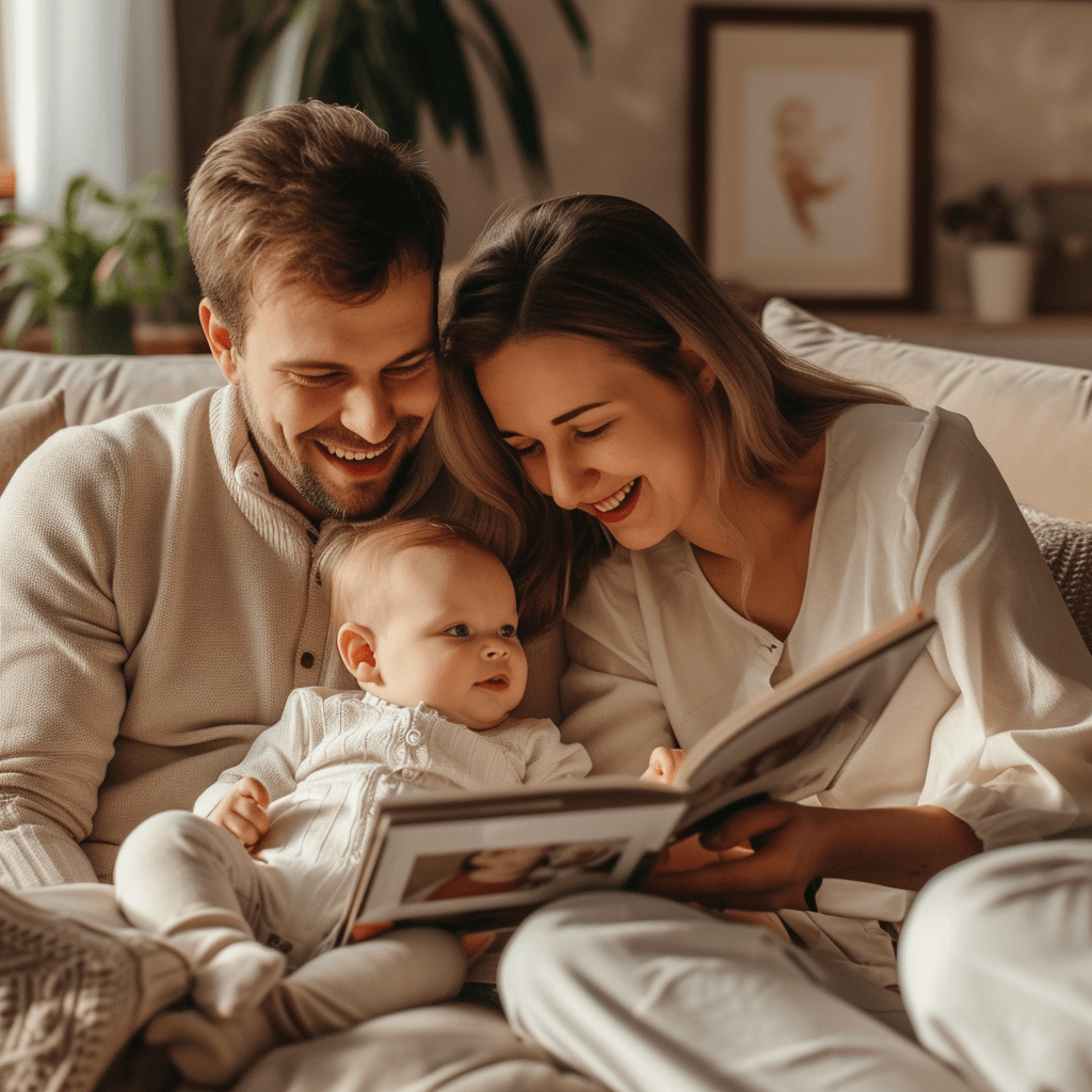 Glückliche Eltern mit eigenem Baby-Fotobuch