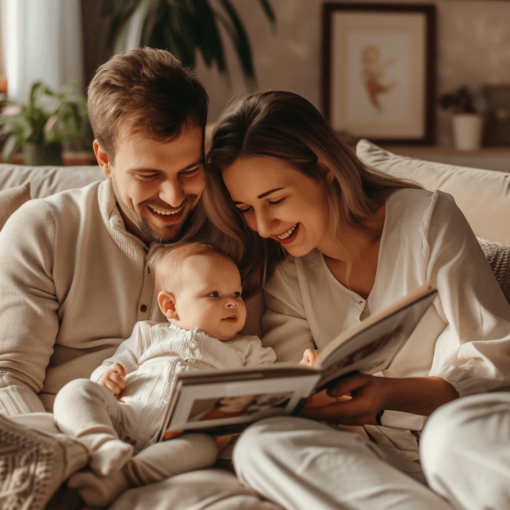 Happy parents with their own baby photo book