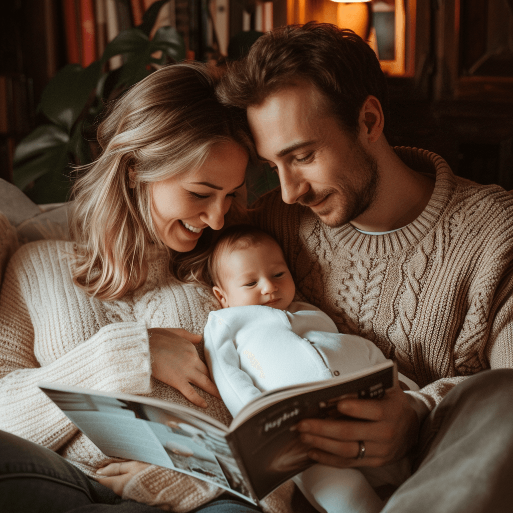 Glückliche Familie mit eigenem Baby-Fotobuch