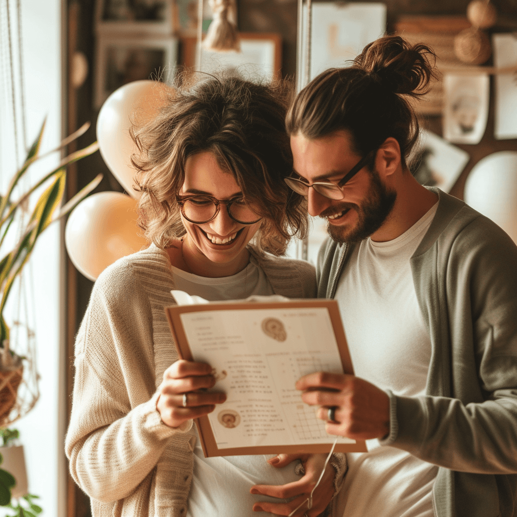 Happy pregnant woman with her own baby photo book