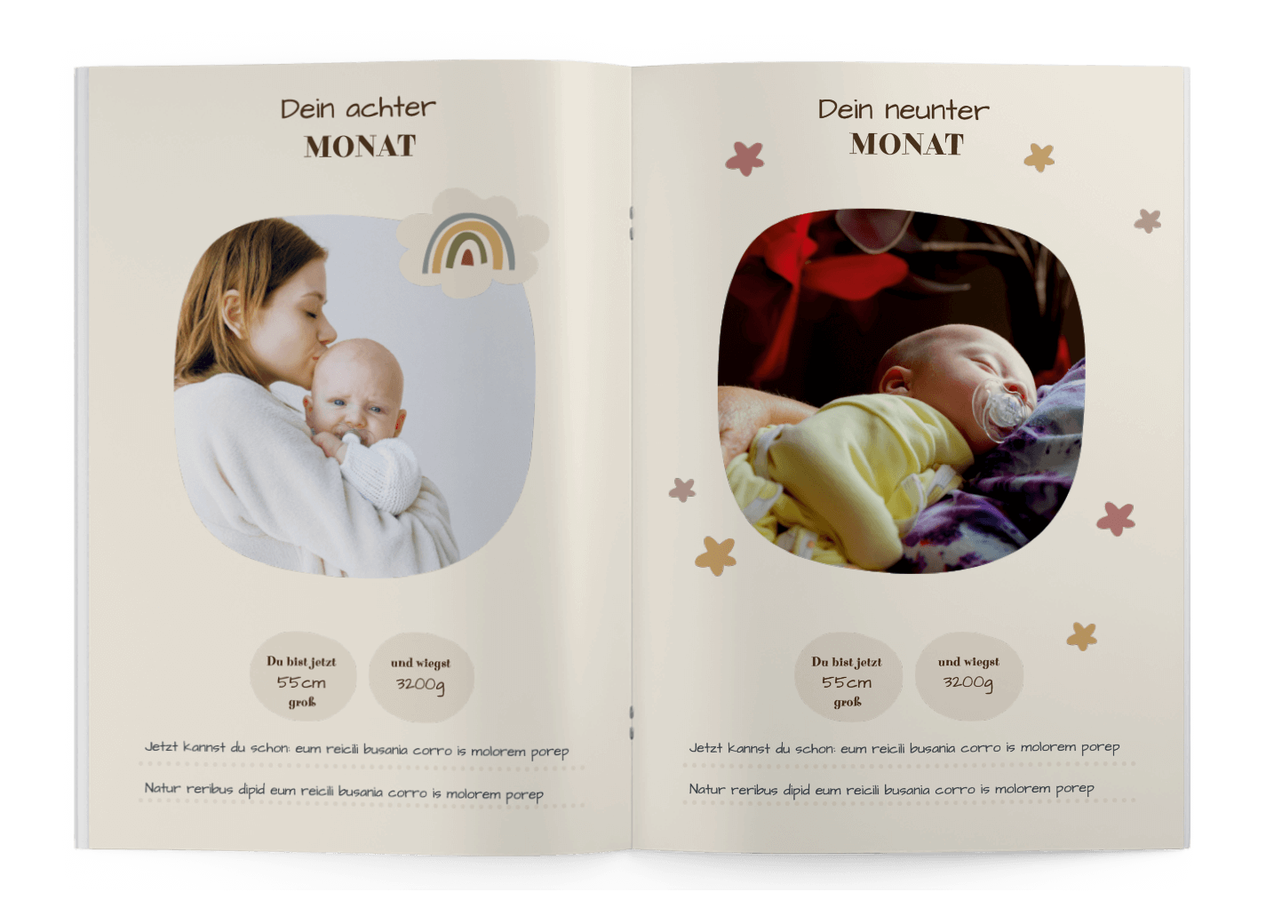 Vorlage für Baby-Fotobuch mit Monatsberichten