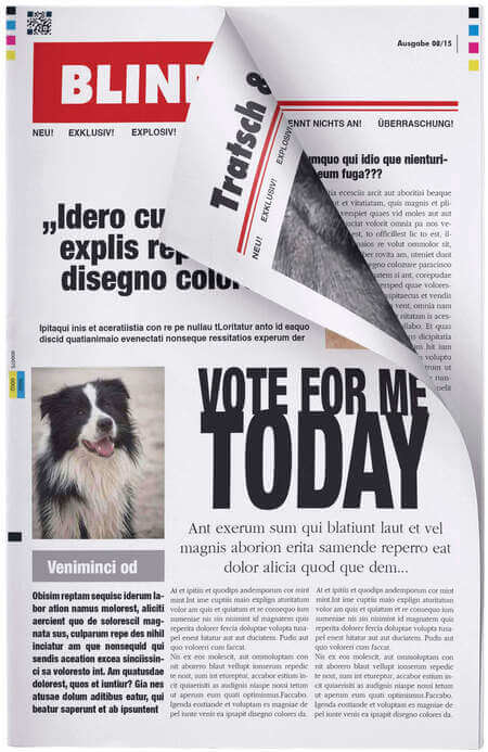 Create a fake newspaper with the look of a colourful tabloid newspaper