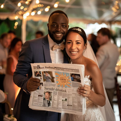 Glückliches Brautpaarmit Hochzeitszeitung mit individuellem Wetterbericht