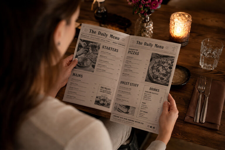 Une carte de menu au style d’un vrai journal