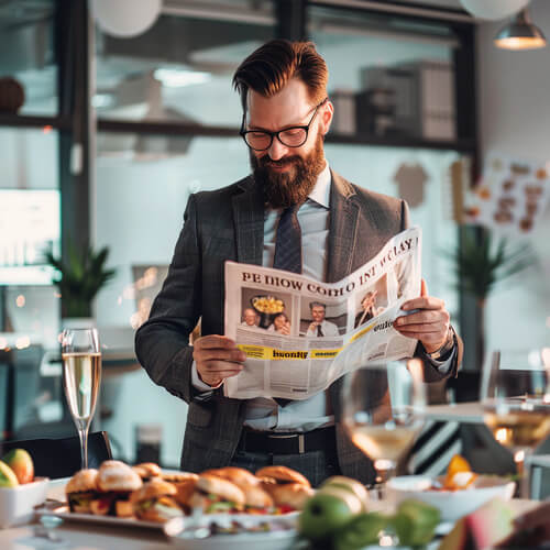 Chef liest auf Abschiedsfeier im Büro eine individuell gedruckte Abschiedszeitung