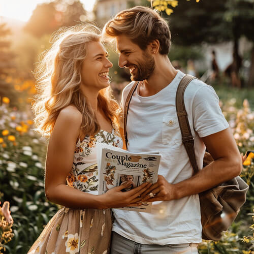 Junges Liebesprächen mit selbst gestaltetem Couple Magazin im Garten