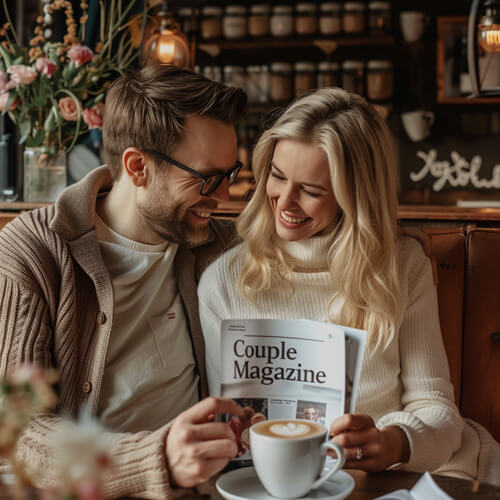 Junges Liebesprächen mit selbst gestaltetem Couple Magazin im Cafe