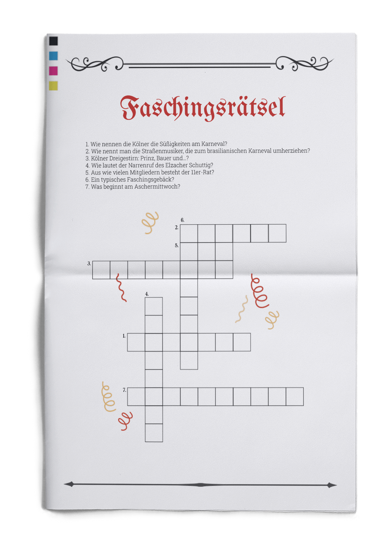 Faschingszeitung mit Vorlage für Kreuzworträtsel