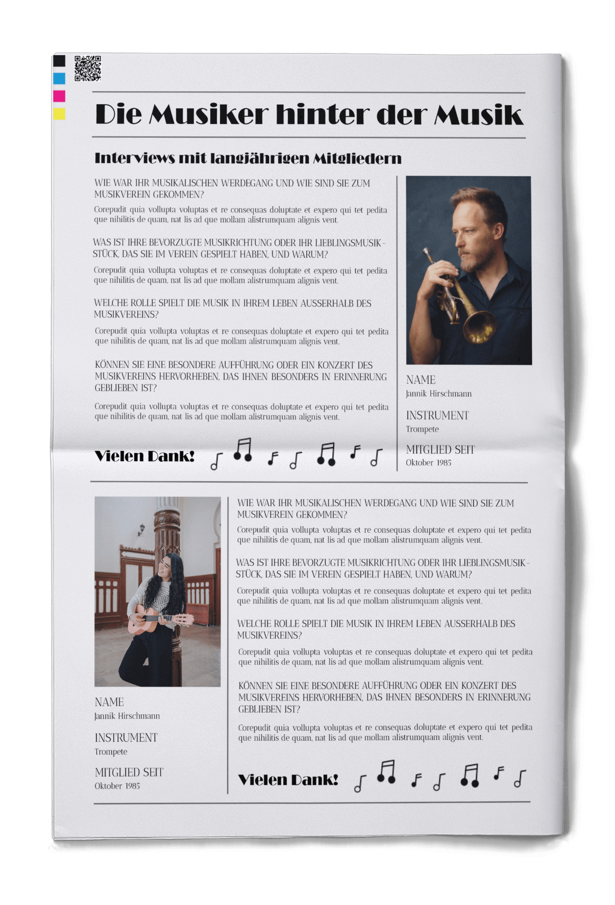 Music club newspaper with templates for profile