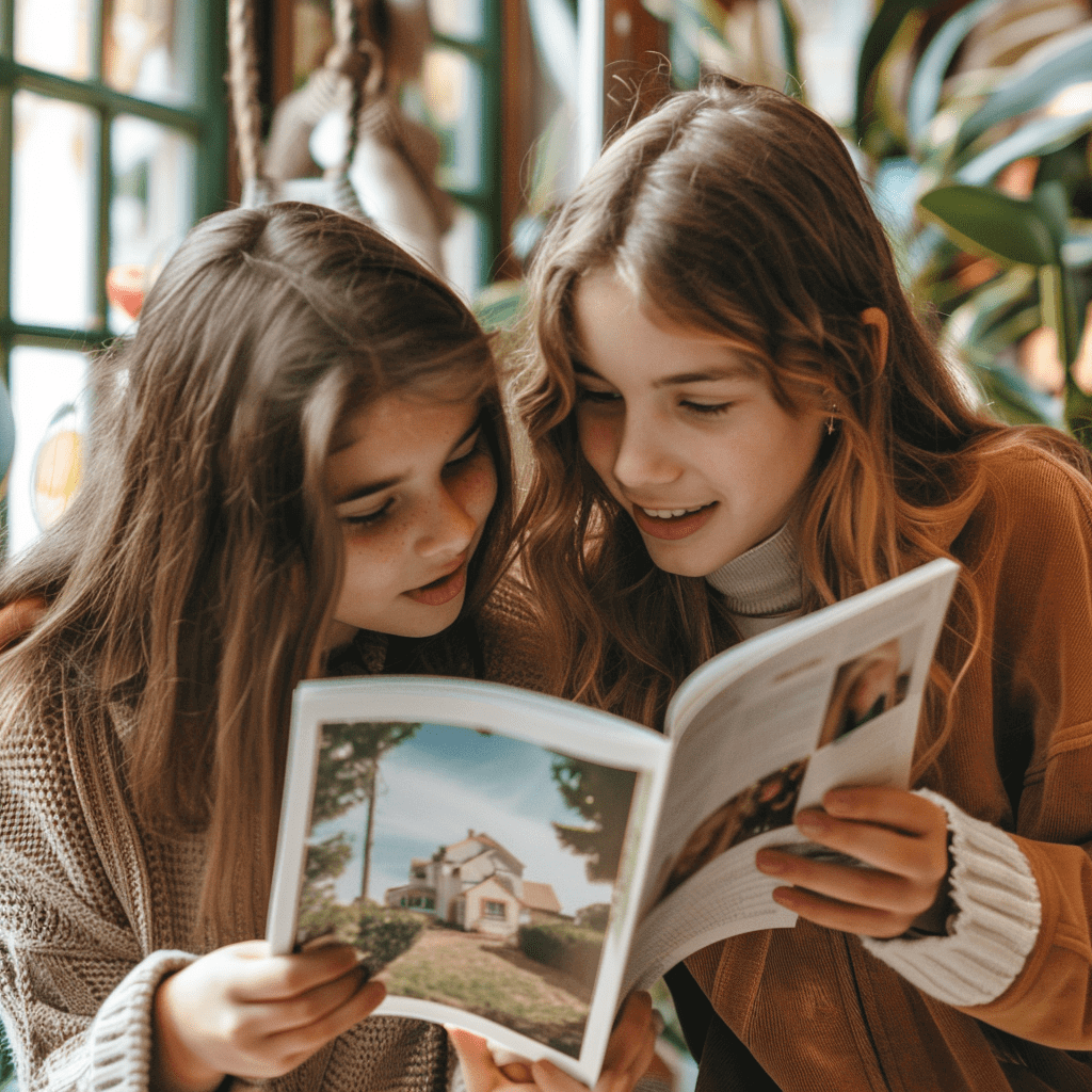 Beste Freundinnen schauen in der Schule in ein selbst gemachtes Fotobuch