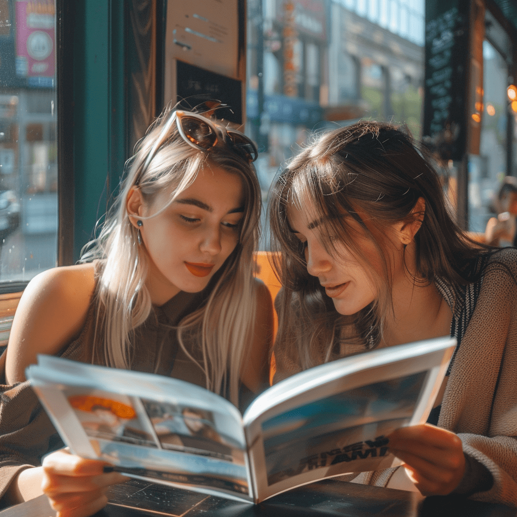 Beste Freundinnen im Café schauen in ein selbst gemachtes Fotobuch