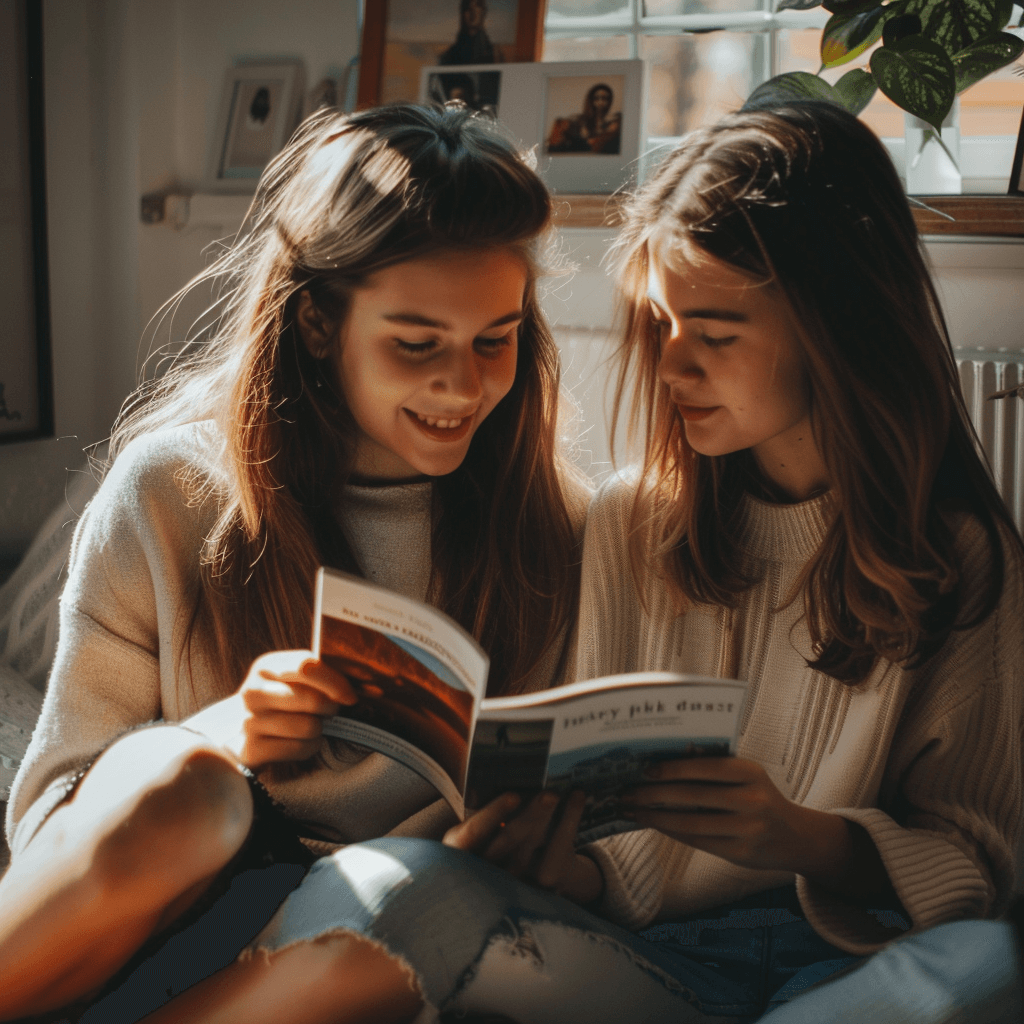 Zwei junge Mädchen schauen in ein selbst gemachtes Fotobuch