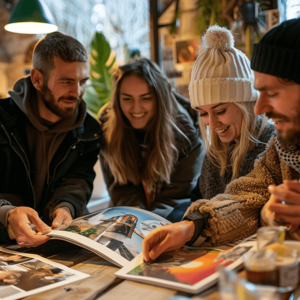 Lachende Freunde blättern im Cafe in ihren individuellen Fotobüchern