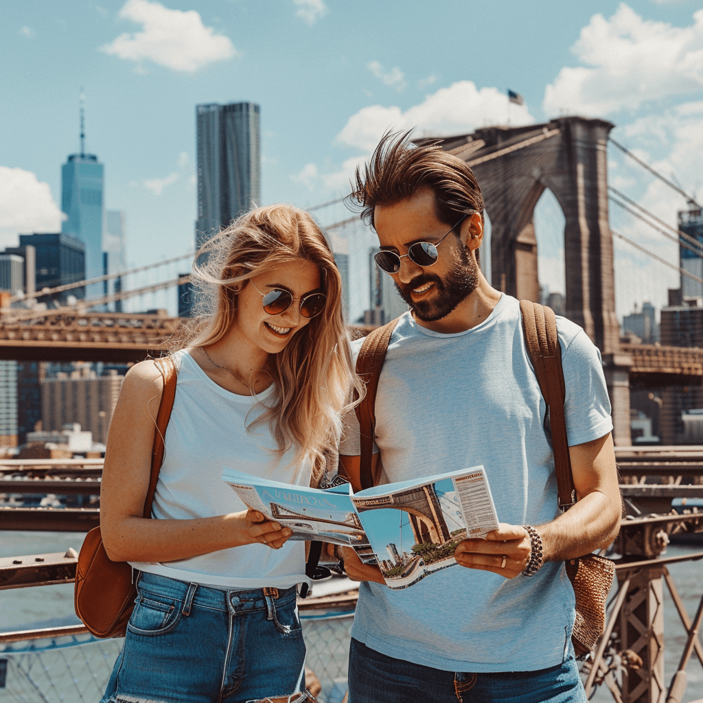 Happy couple with their own photo book in New York in front of the Brooklyn Bridge