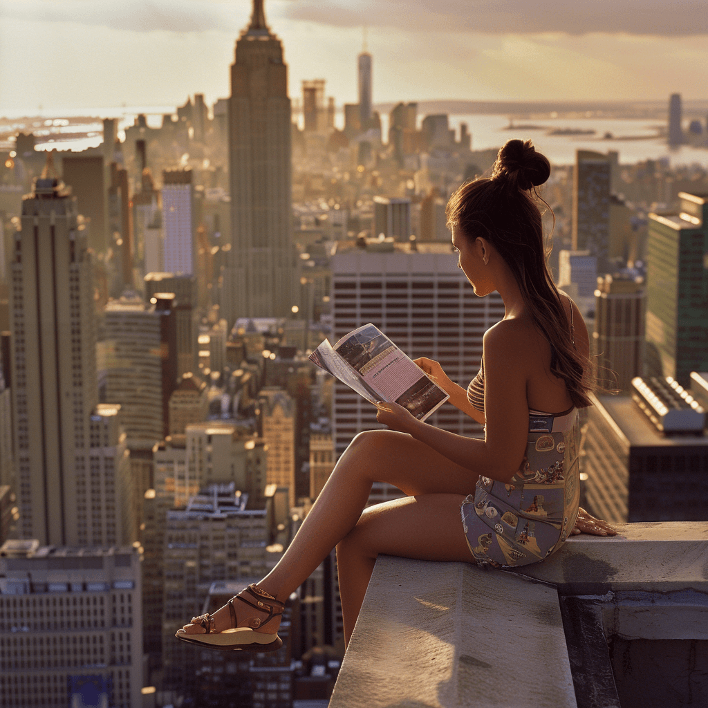 Junge Frau mit eigenem Fotobuch in New York mit Ausblick auf Manhatten