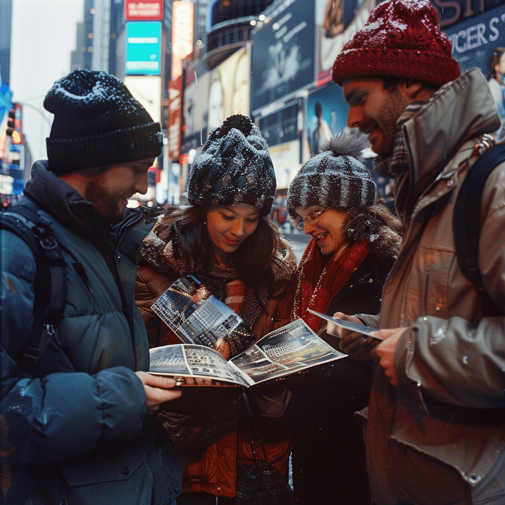Lachende Freunde mit eigenem Fotobuch in New York am Times Square