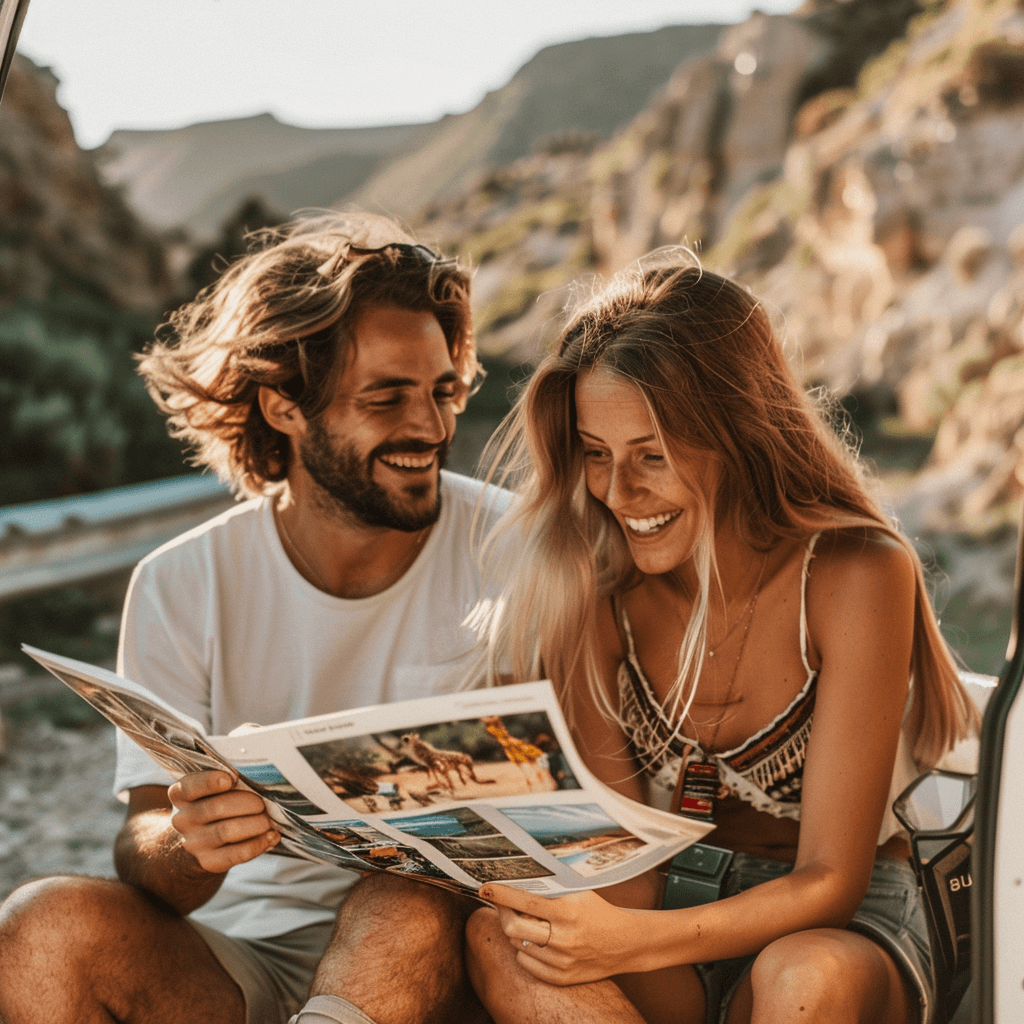 Verliebtes Pärchen betrachtet während Roadtrip ihr eigenes Fotobuch