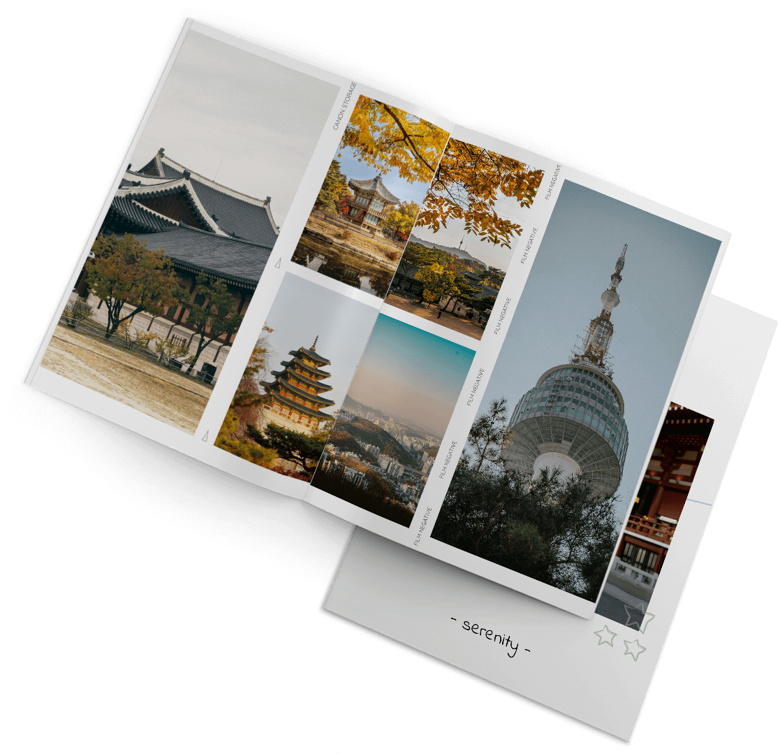 Design template for city trip photo book with urban collages