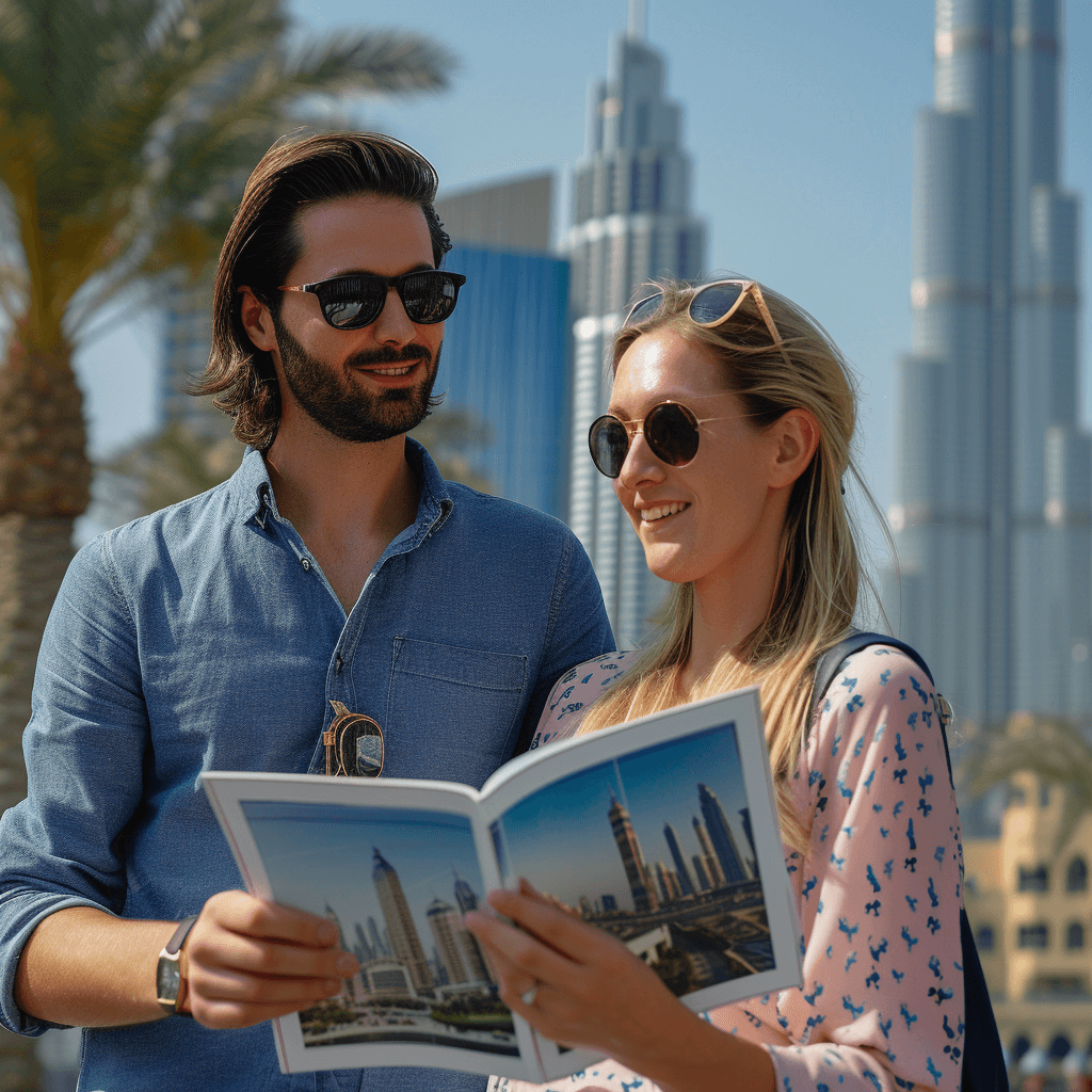 Glückliches Pärchen auf Städtetrip in Dubai mit eigenem Fotobuch