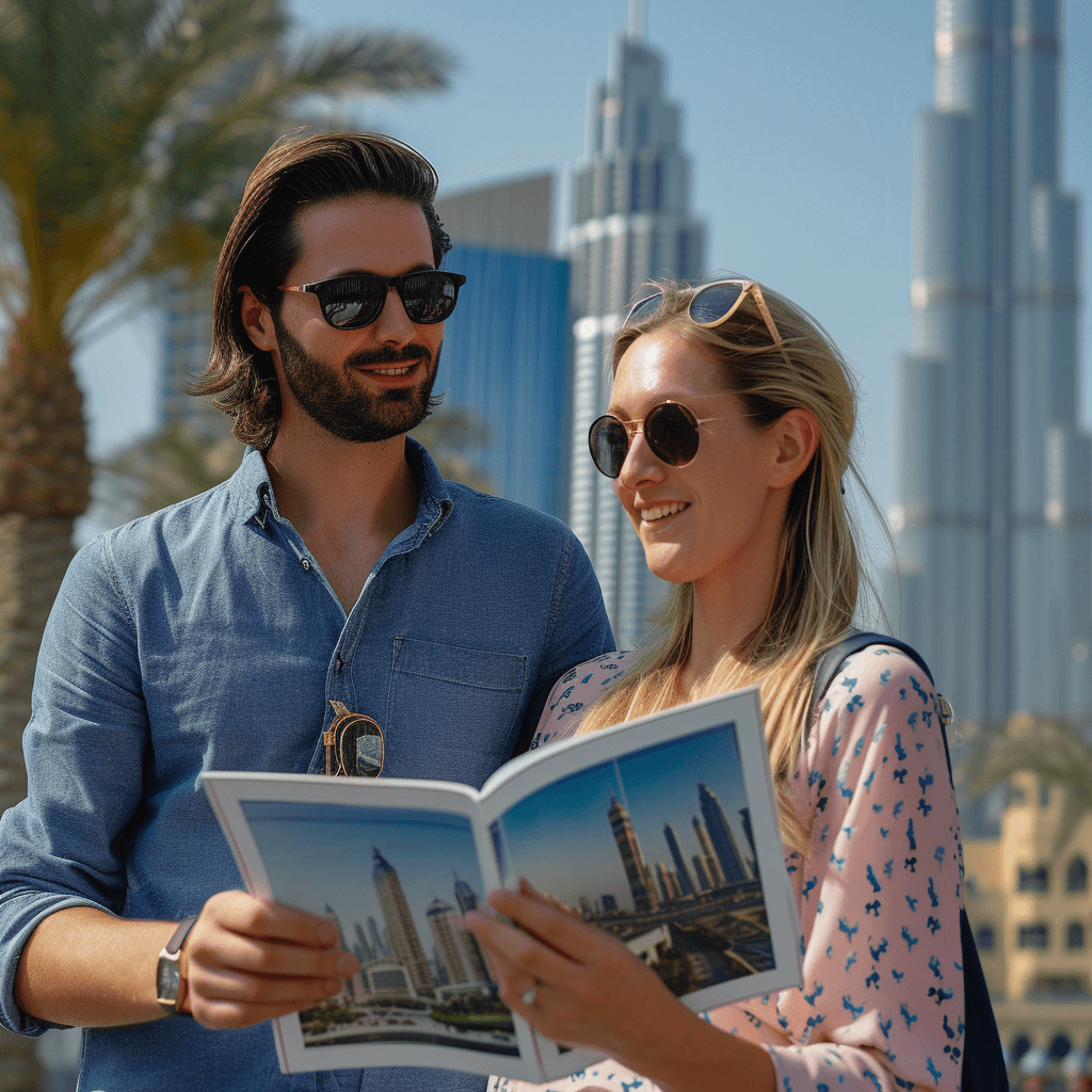 Happy couple on a city trip in Dubai with their own photo book