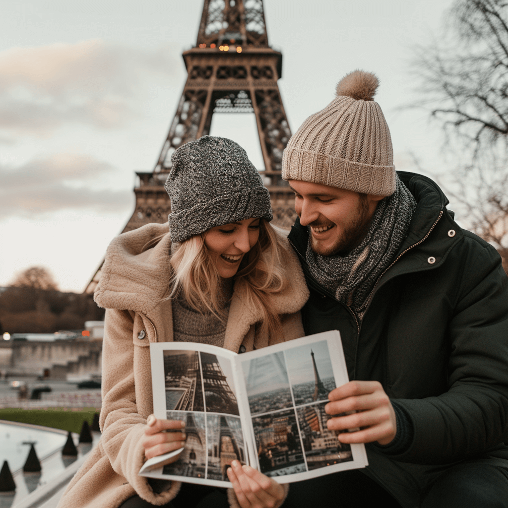 Glückliches Pärchen auf Städtetrip in Frankreich mit eigenem Fotobuch