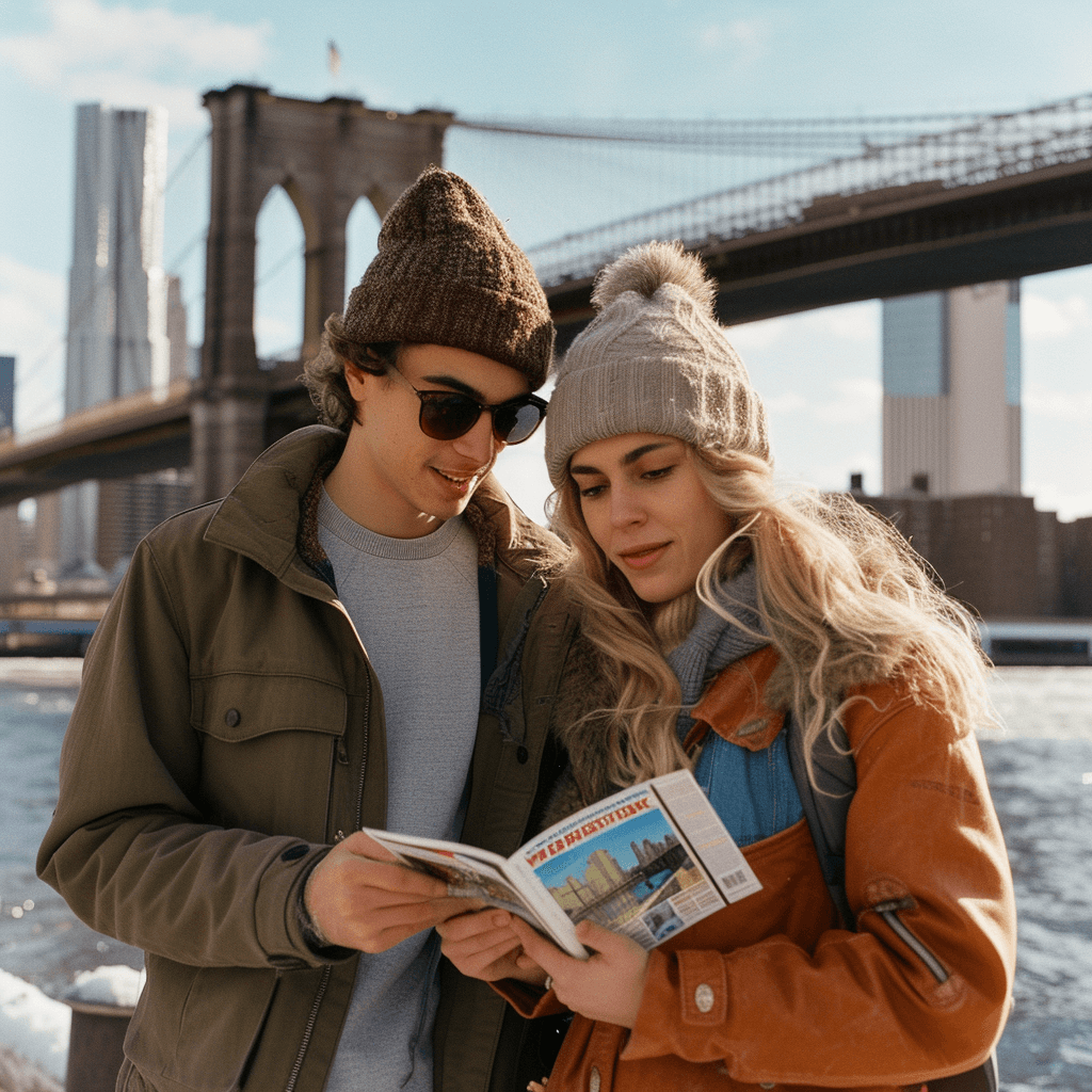 Happy couple on a city trip in the USA with their own photo book