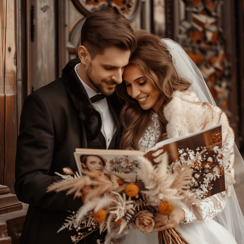 Glückliches Brautpaar mit individuellem Hochzeitsfotobuch