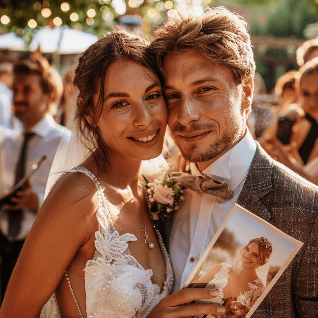 Braut und Bräutigam mit Hochzeitsfotobuch auf Hochzeitsfeier