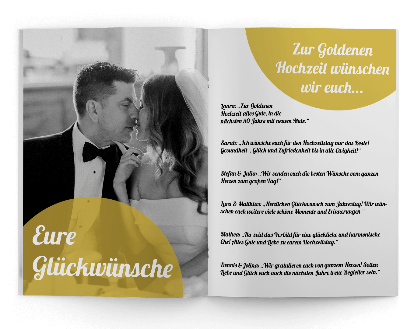 Template for congratulations and gold wedding in gold wedding magazine