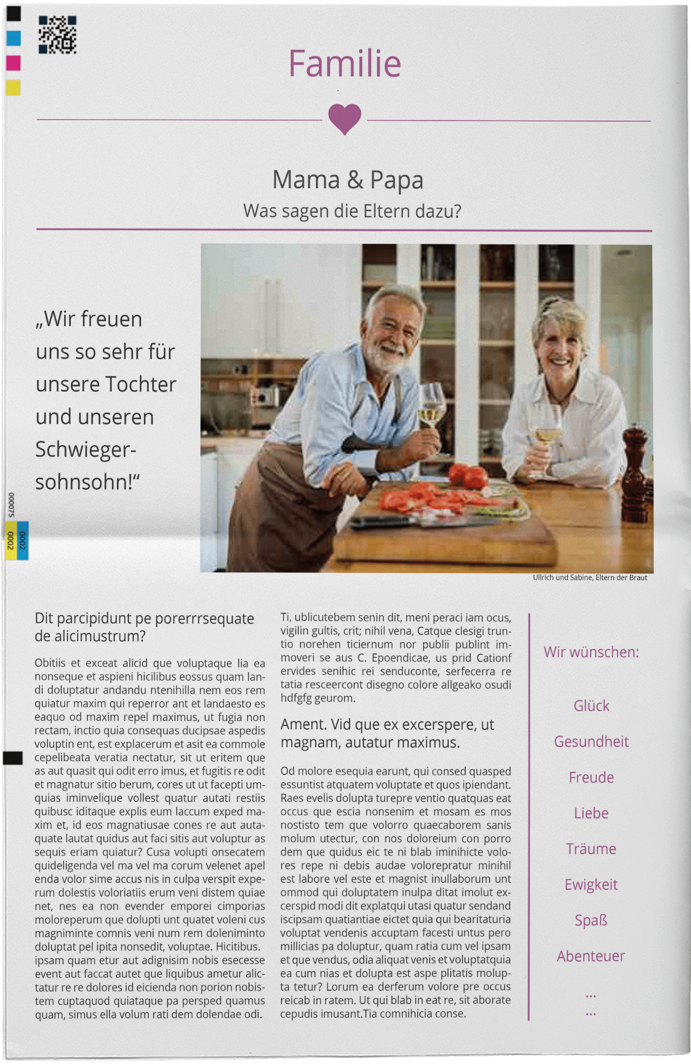 Exemple de page d'interview des parents dans un journal de mariage moderne