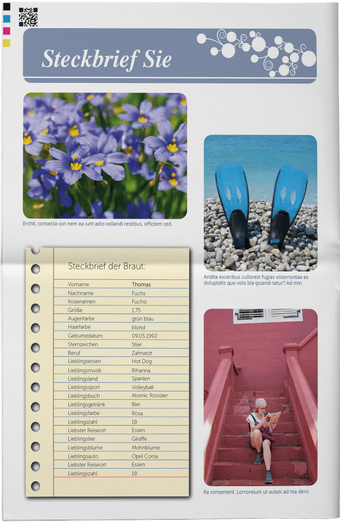 Beispiel für einen Steckbrief in einer klassischen Hochzeitszeitung