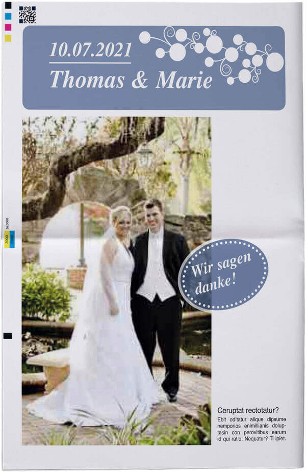 Example of the front page of a classic wedding newspaper