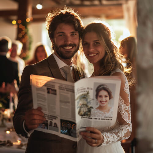 Braut und Bräutigam mit Hochzeitszeitung in den Händen