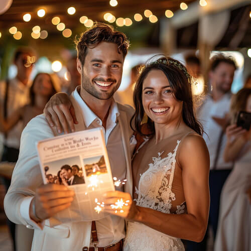 Glückliches Brautpaar auf Hochzeitsfeier mit Hochzeitszeitung mit individuellem Cover