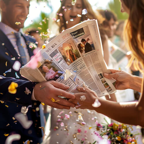 Festliche Überreichung einer selbst gemachten Hochzeitszeitung als Geschenk während der Hochzeitsfeier