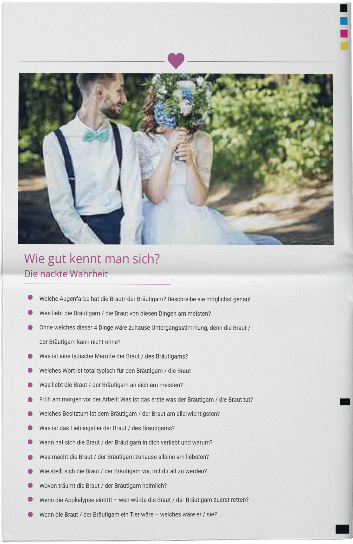 Example of a wedding quiz in a modern wedding newspaper