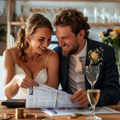 Glückliches Brautpaar mit individueller Hochzeitszeitung und Taschenrechner zur Kostenberechnung