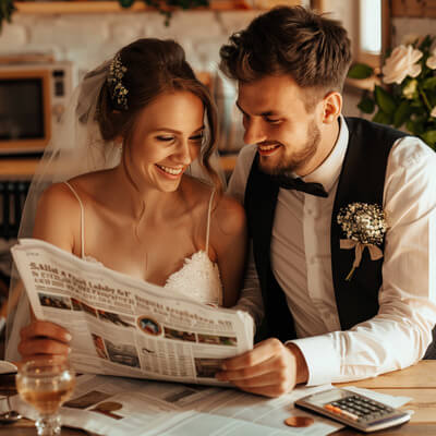 Lächelndes Brautpaar mit Hochzeitszeitung, Münzen und Taschenrechner für Kostenermittlung