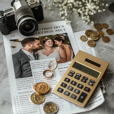 Gedruckte Hochzeitszeitung mit Taschenrechner zur Berechnung der Kosten