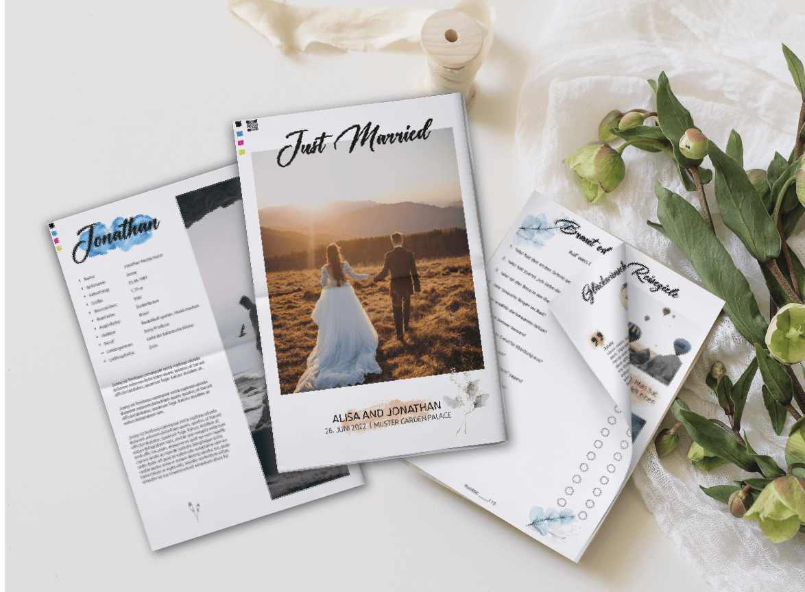 Hochzeitszeitung im Aquarell-Stil online gestalten und drucken lassen
