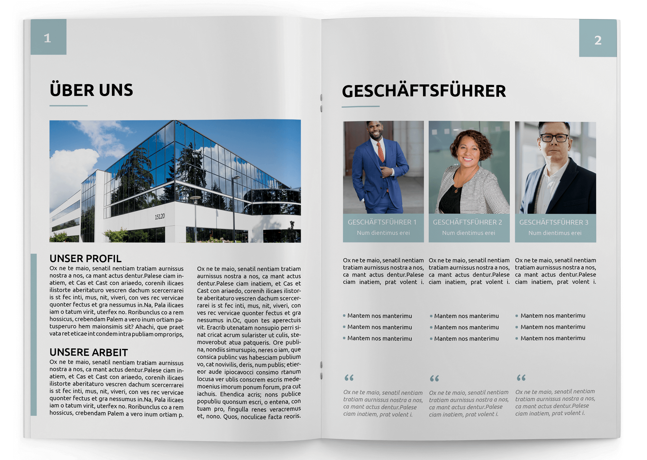 Magazine template for annual review with portrait of the management