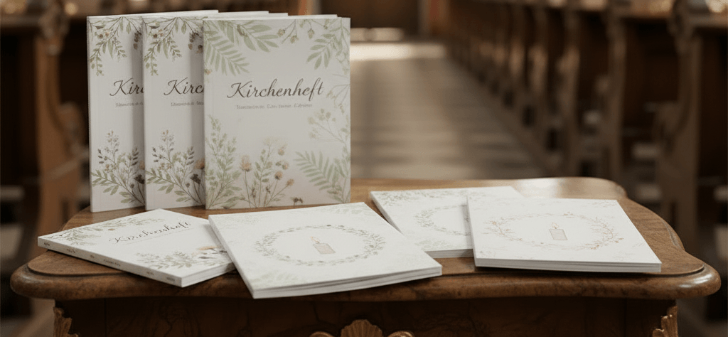 Gedruckte Kirchenhefte für Hochzeit, Taufe und Kommunion auf Kirchentisch