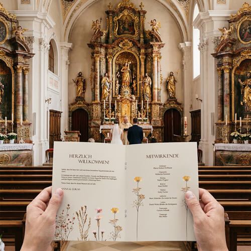 Vorgefertigte Layouts im florale Stil für Kirchenheft Hochzeit