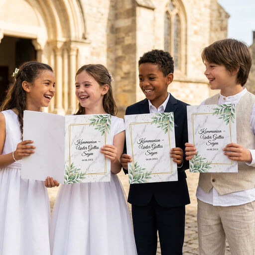 Glückliche Kommunionkinder mit hochwertig gedruckten Kirchenheften zur Erstkommunion